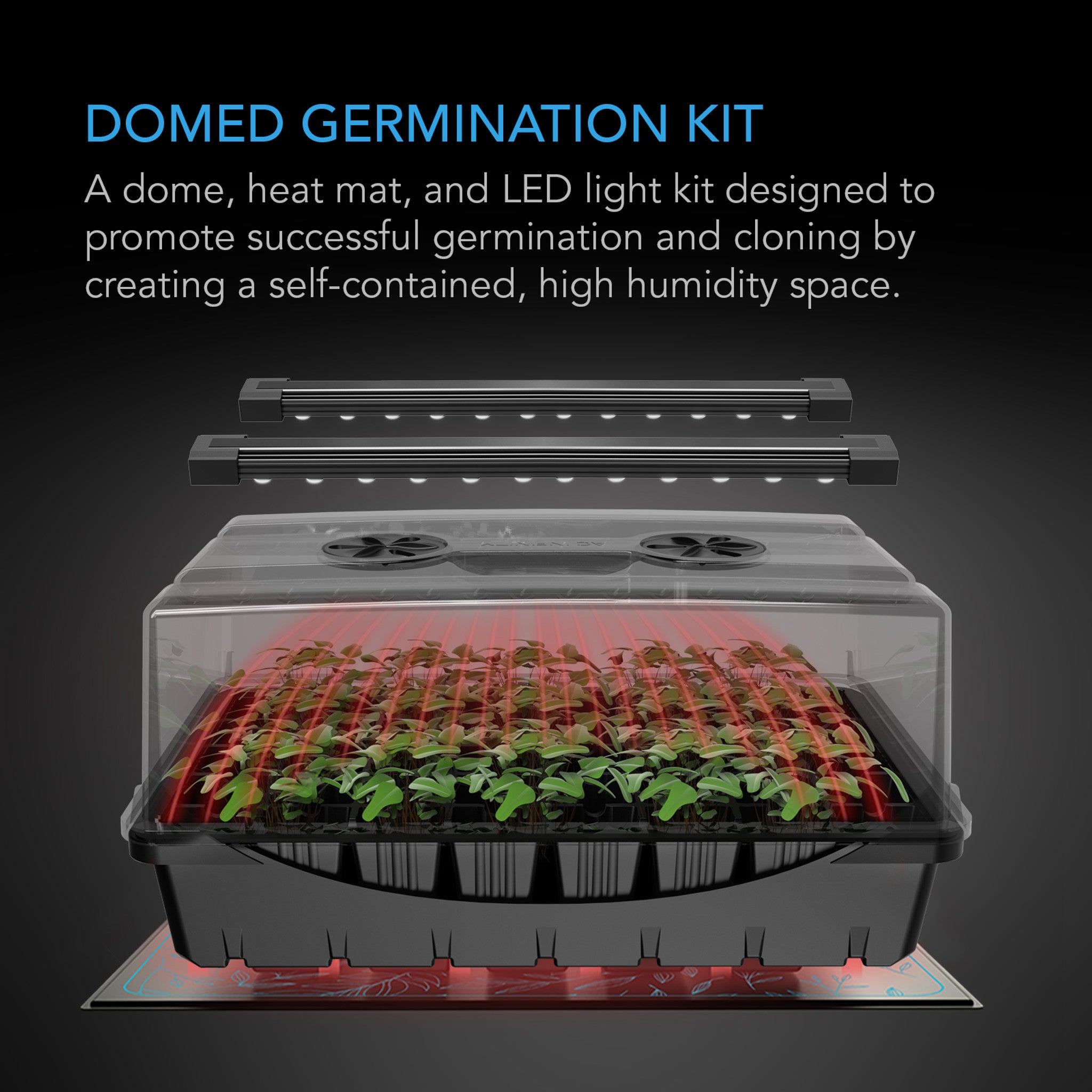 HUMIDITY DOME, GERMINATION KIT WITH LED GROW LIGHT BARS, 5X8 CELL TRAY