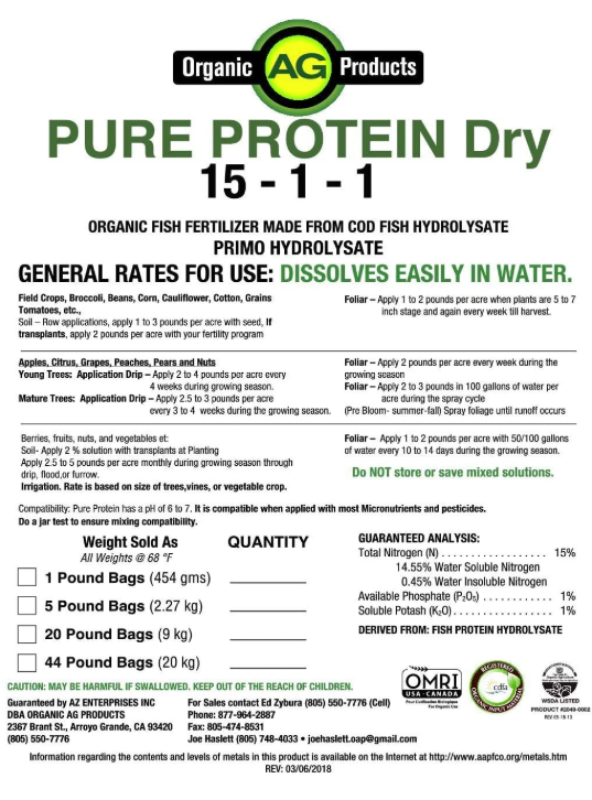 Organic AG Products: Pure Protein Dry 15-1-1 Organic Fish Fertilizer